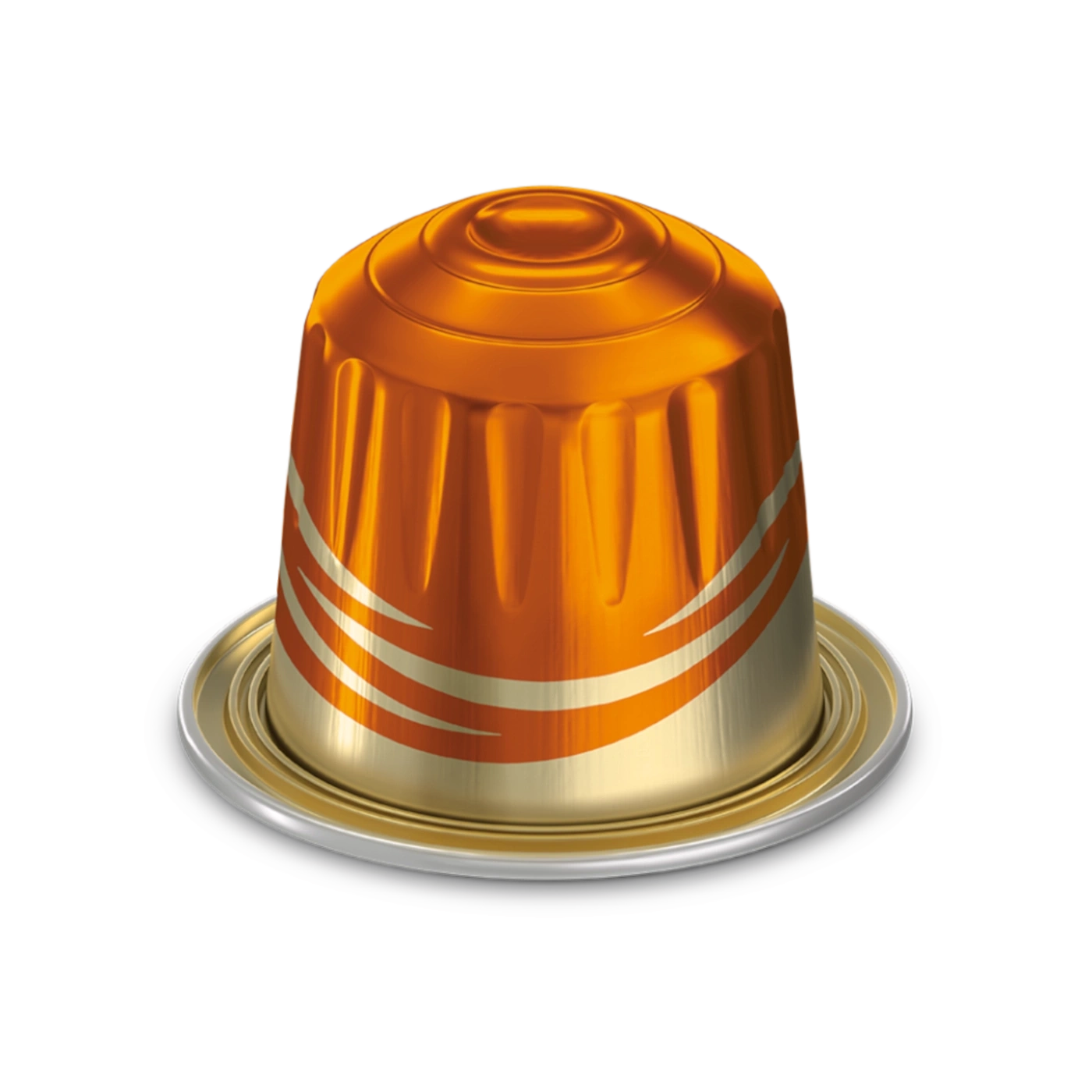 Kaffeekapsel in Gold und Orange, isoliert auf schwarzem Hintergrund
