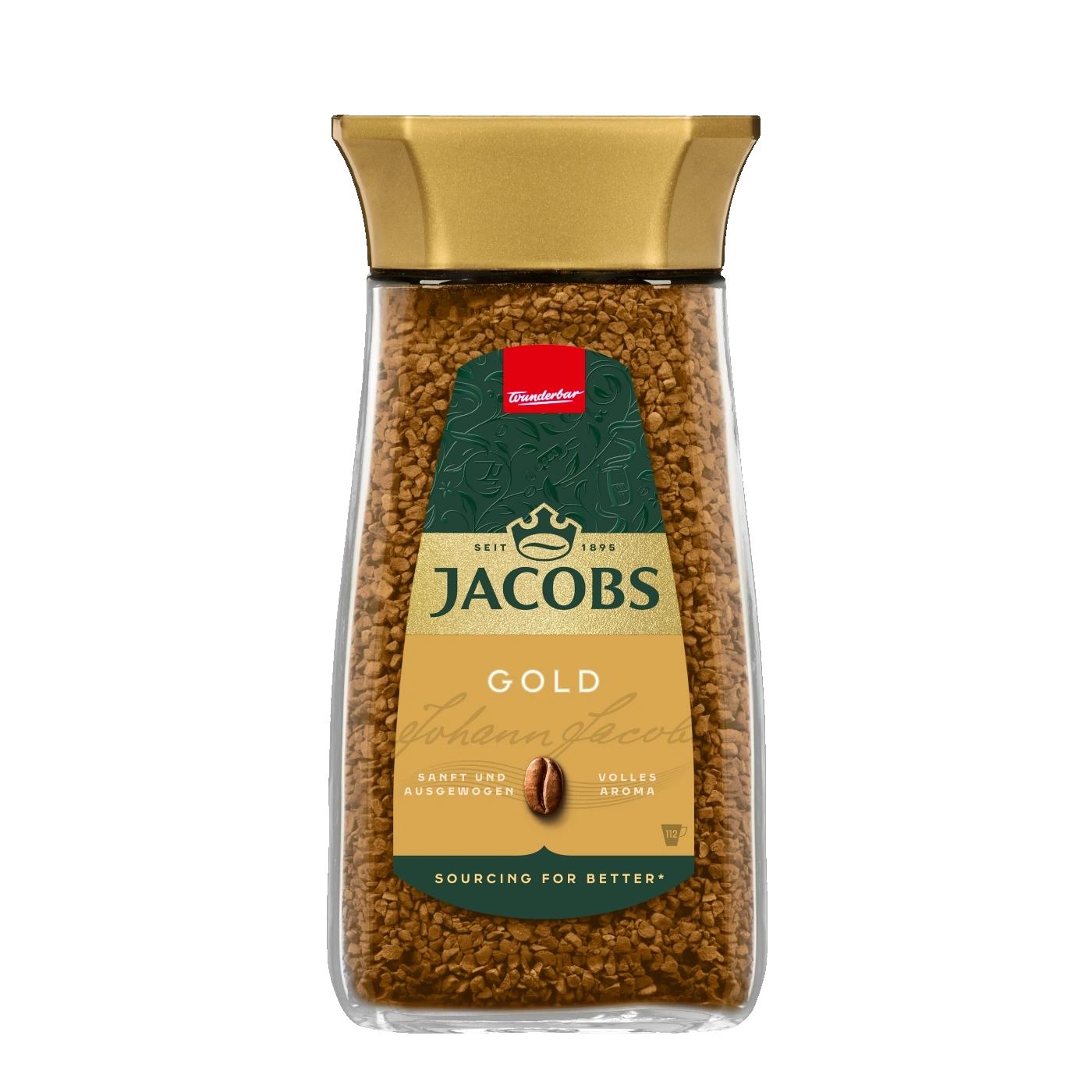 Jacobs Gold Kaffee, Glasbehälter, goldener Deckel, Instantkaffee, Aroma, Wunderbar