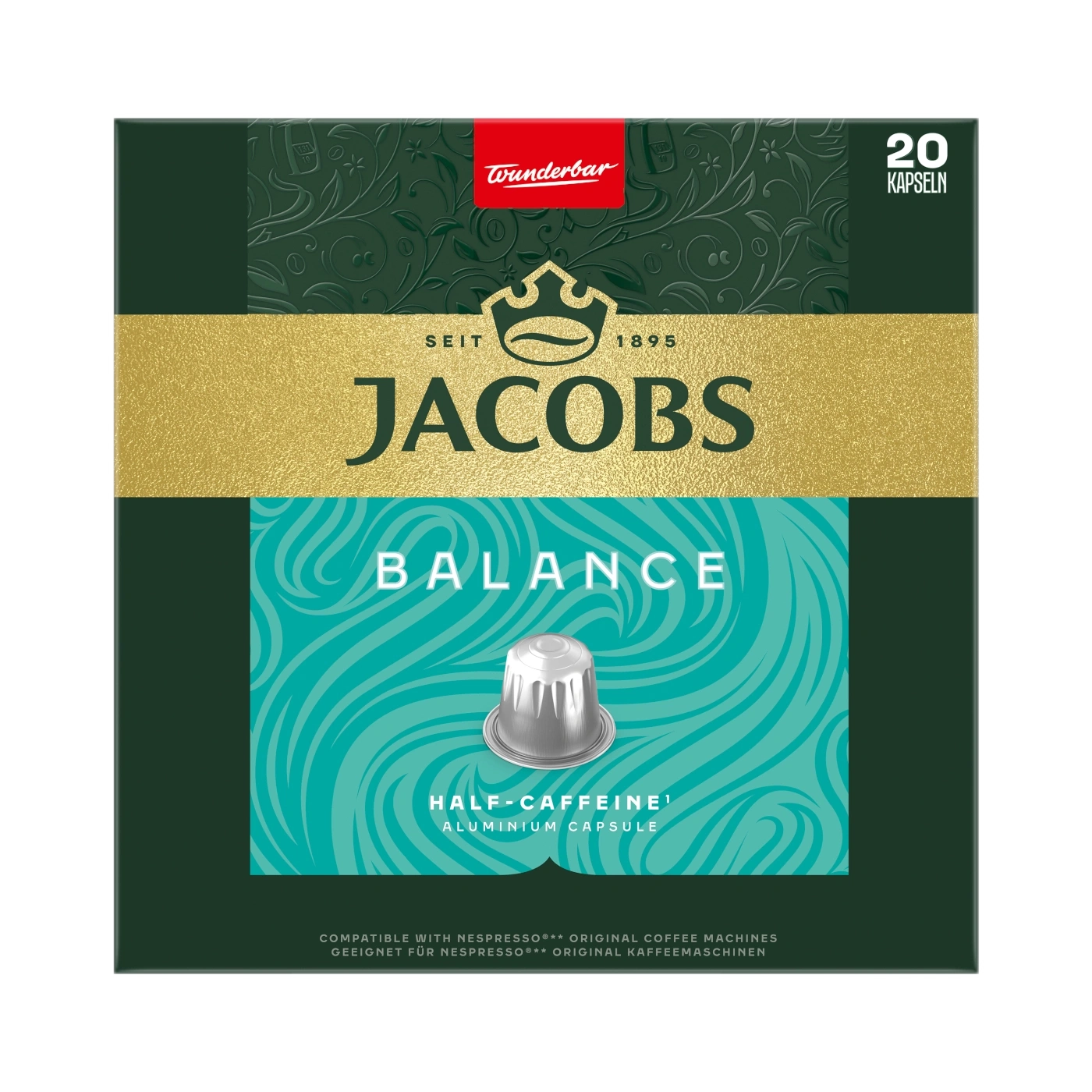 Jacobs Kaffee Balance Kapseln mit 20 Stück, halbkoffeiniert.