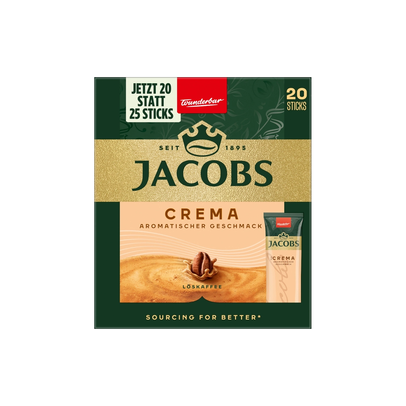Jacobs Crema Löskaffee, 20 Sticks statt 25, aromatischer Geschmack