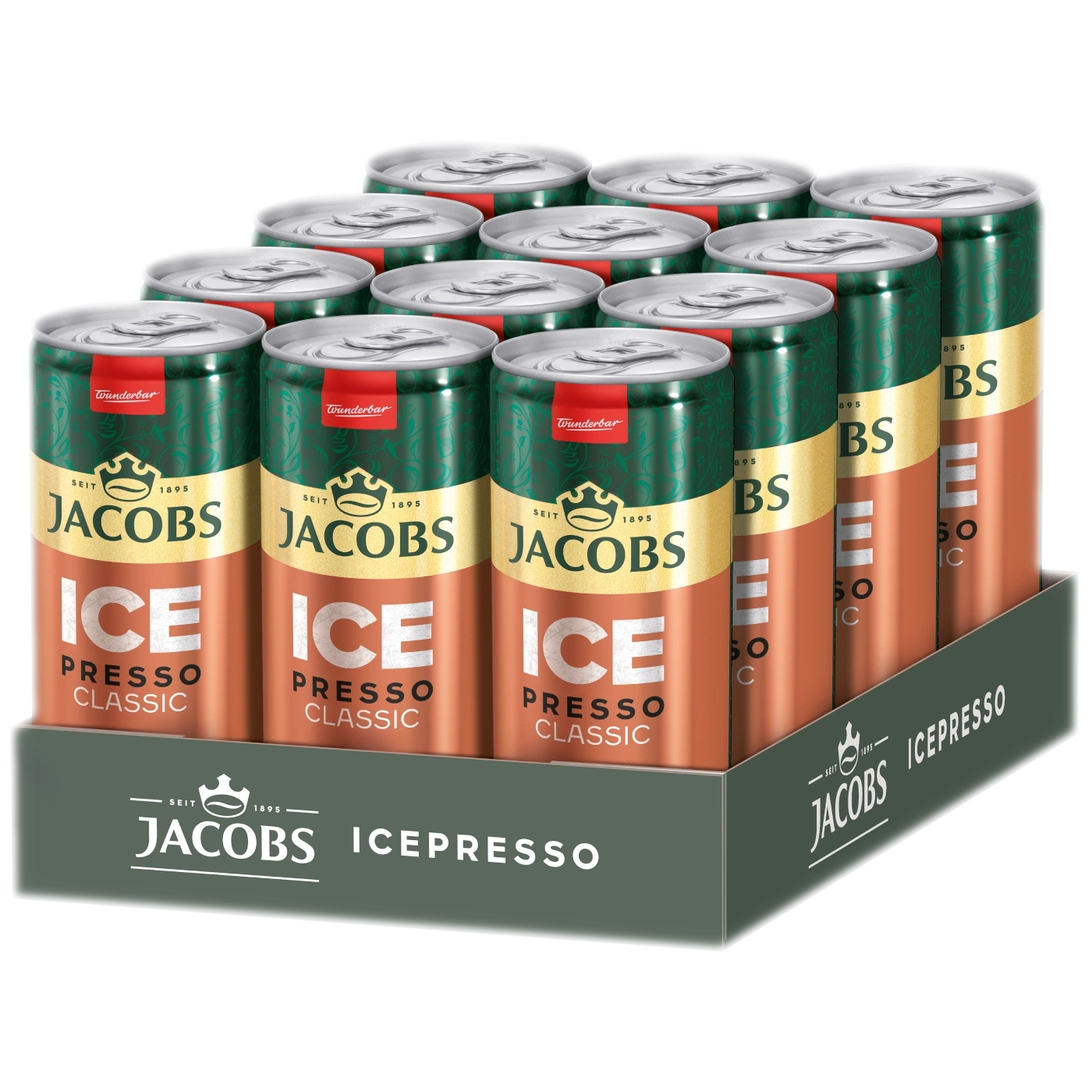 Ein Karton mit 12 Dosen Jacobs Icepresso Classic.