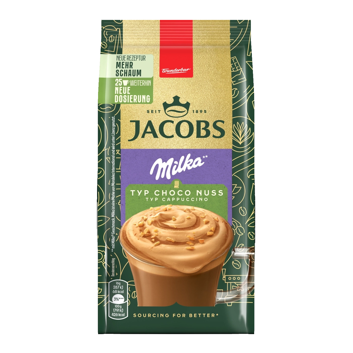 Jacobs Milka Typ Choco Nuss Cappuccino, Packung mit Schaum und Dosierung.