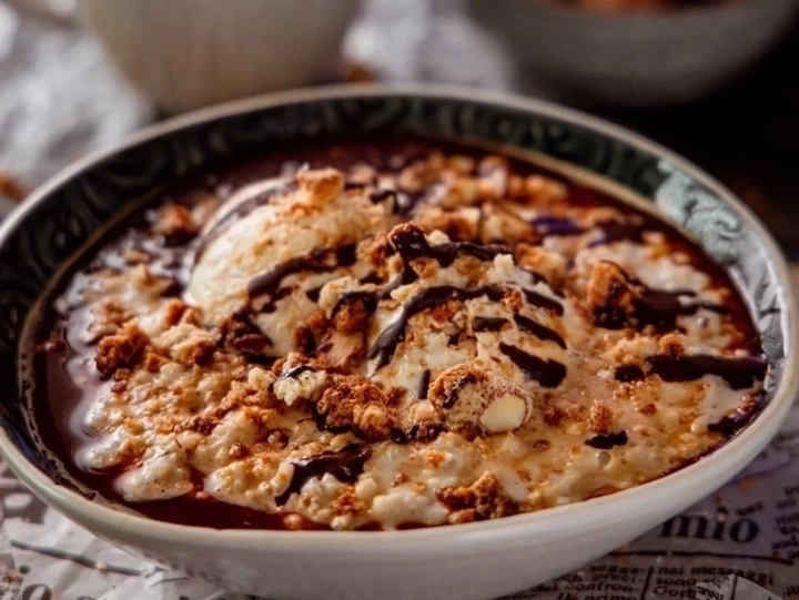 Dessert mit Eiscreme, Schokoladensauce und Streuseln in einer Schüssel