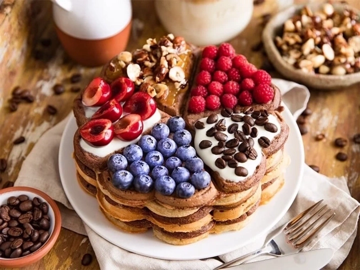 Waffel mit Früchten und Nüssen, auf einem Teller, Nahaufnahme