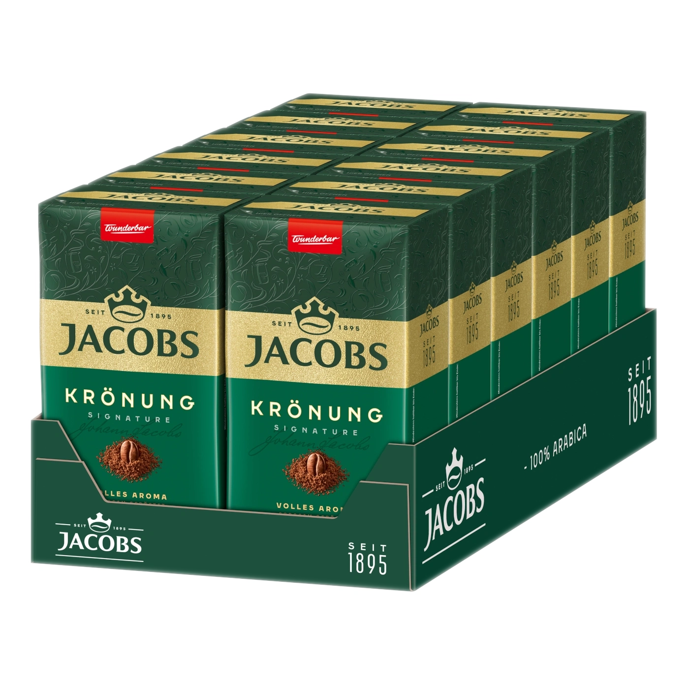 Verpackung mit Jacobs Krönung Kaffee, 100% Arabica, seit 1895.
