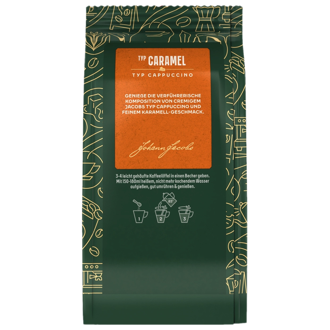 Eine Packung Jacobs Typ Caramel Cappuccino mit Zubereitungshinweisen.