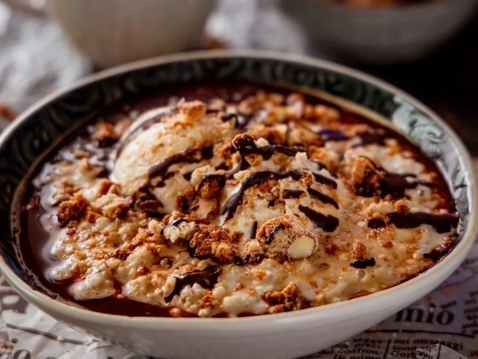Dessert mit Eiscreme, Schokoladensauce und Streuseln in einer Schüssel