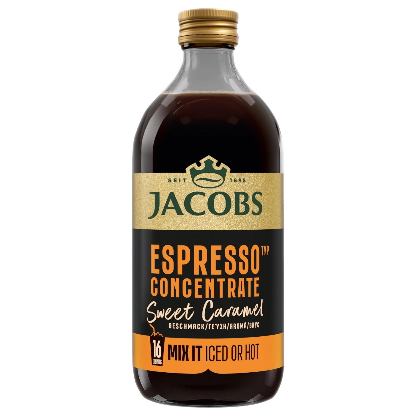 Flasche Jacobs Espresso Konzentrat "Sweet Caramel" mit goldenem Deckel.