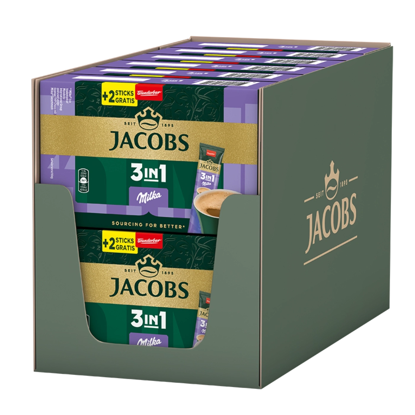 Jacobs 3in1 Milka Kaffee Packung mit Gratis Sticks in einer Box.