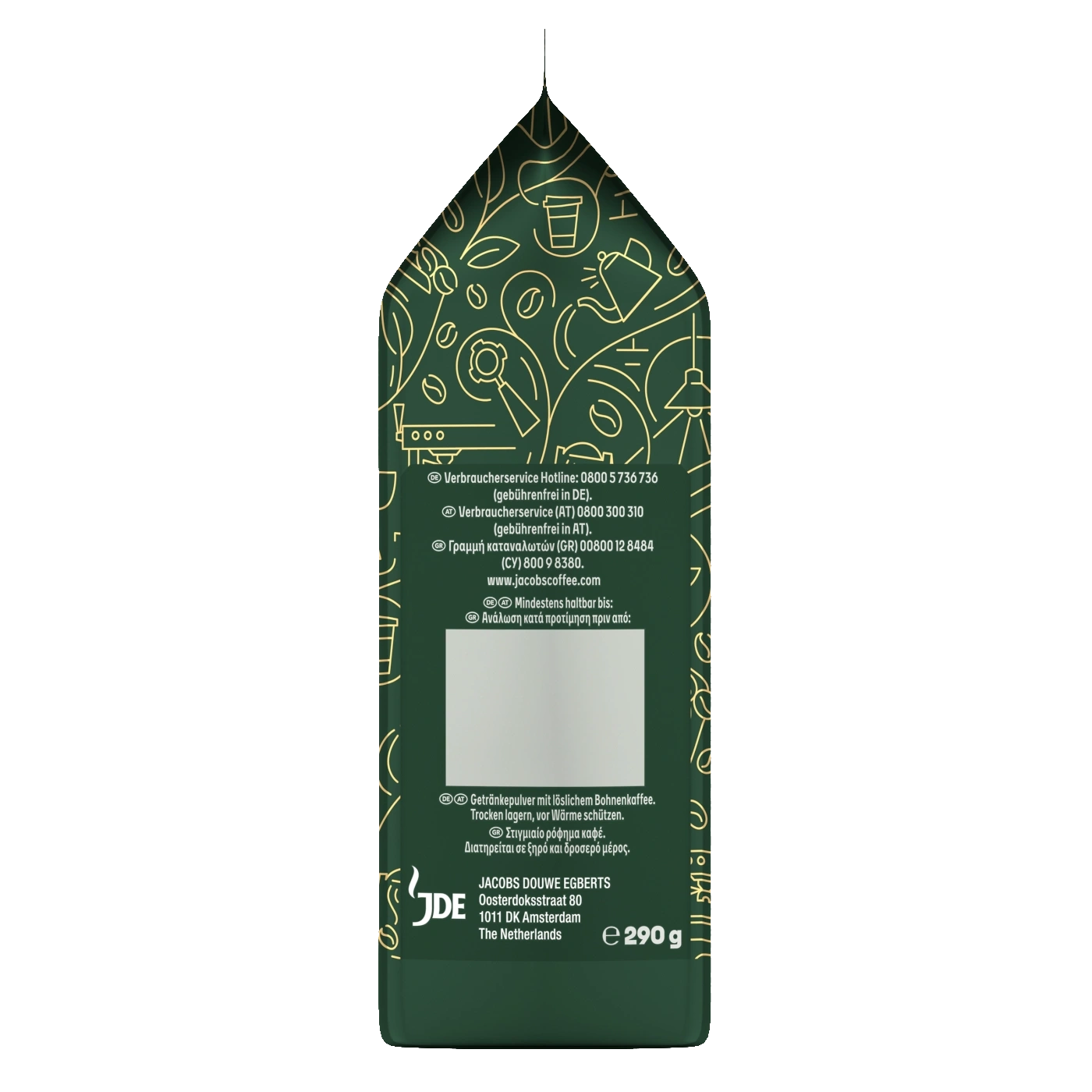 Kaffeepackung mit Text, Jacobs Douwe Egberts, 290g, Mindesthaltbarkeit.