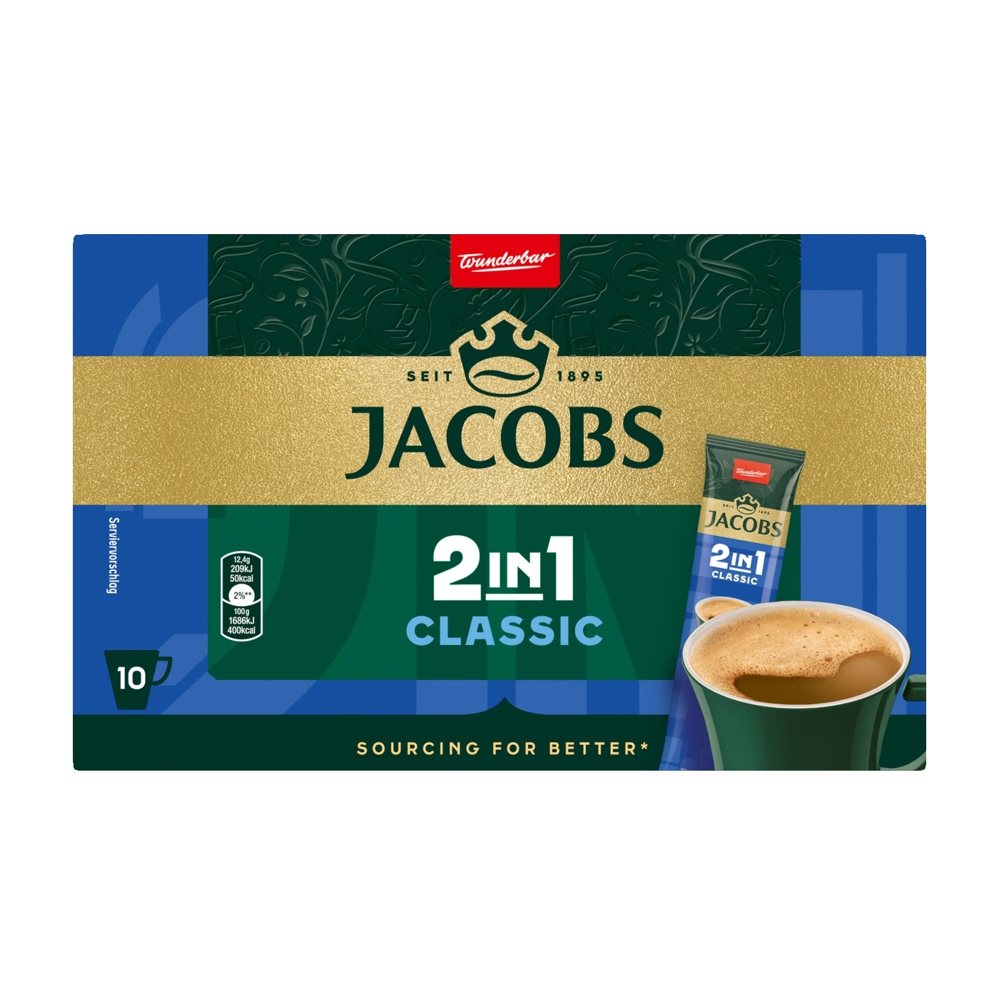 Jacobs 2in1 Classic Packung mit Kaffeebecher und Serviervorschlag