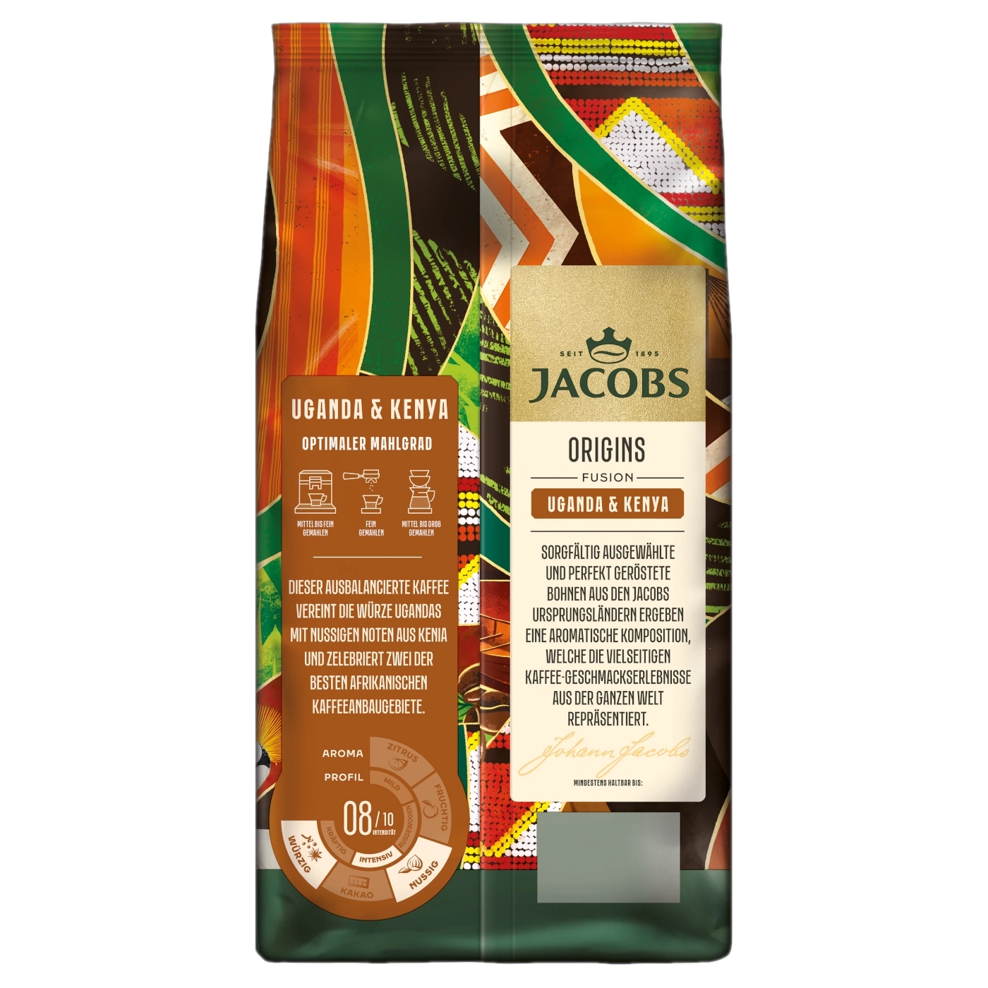 Eine Packung Jacobs Origins Uganda & Kenya Kaffee mit afrikanischen Mustern.