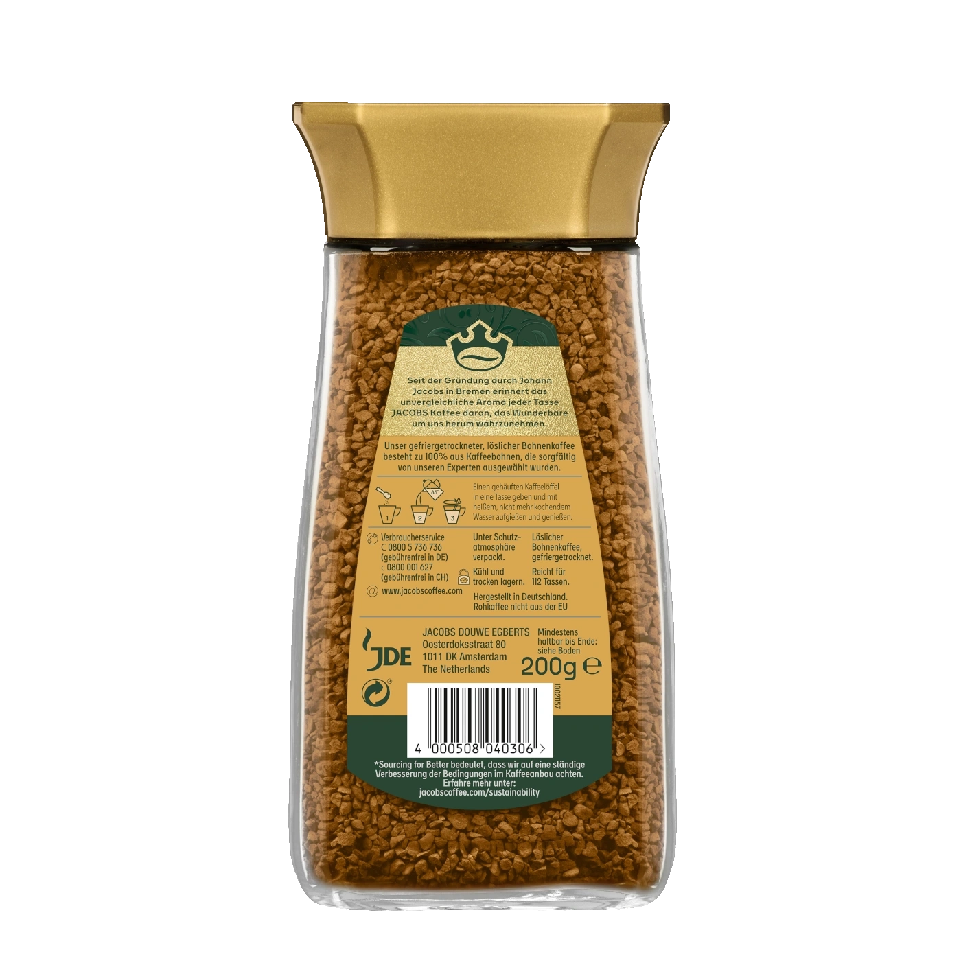 Glas mit Kaffee, Text, Marke, Jacobs, 200g, gefriergetrockneter Kaffee