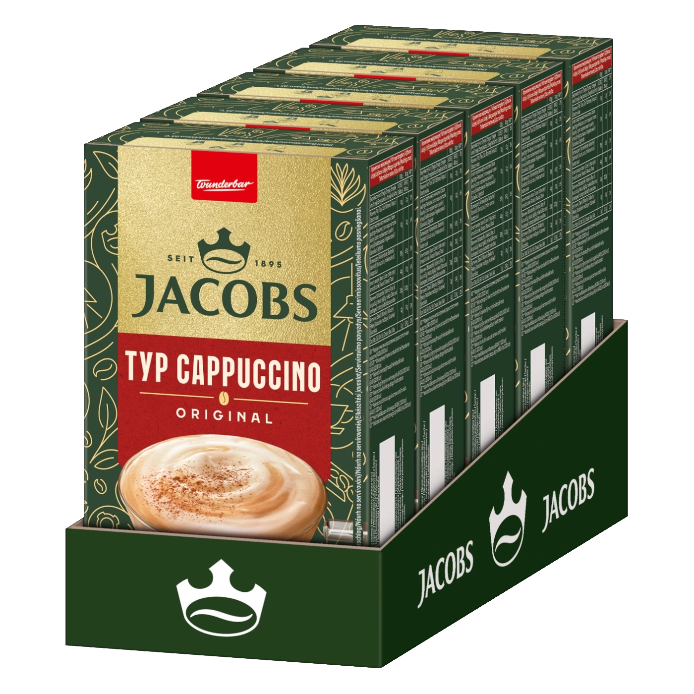 Jacobs Cappuccino Packungen in einer Displaybox. Typ Cappuccino Original.