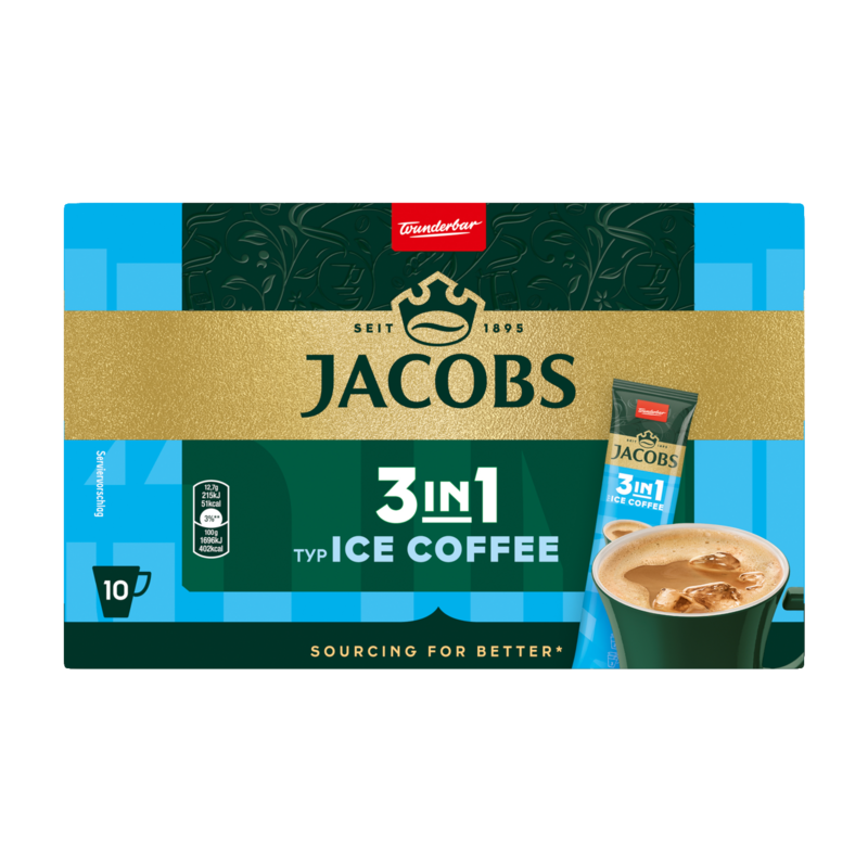 Jacobs 3in1 Ice Coffee Packung mit Serviervorschlag und Nährwertangaben