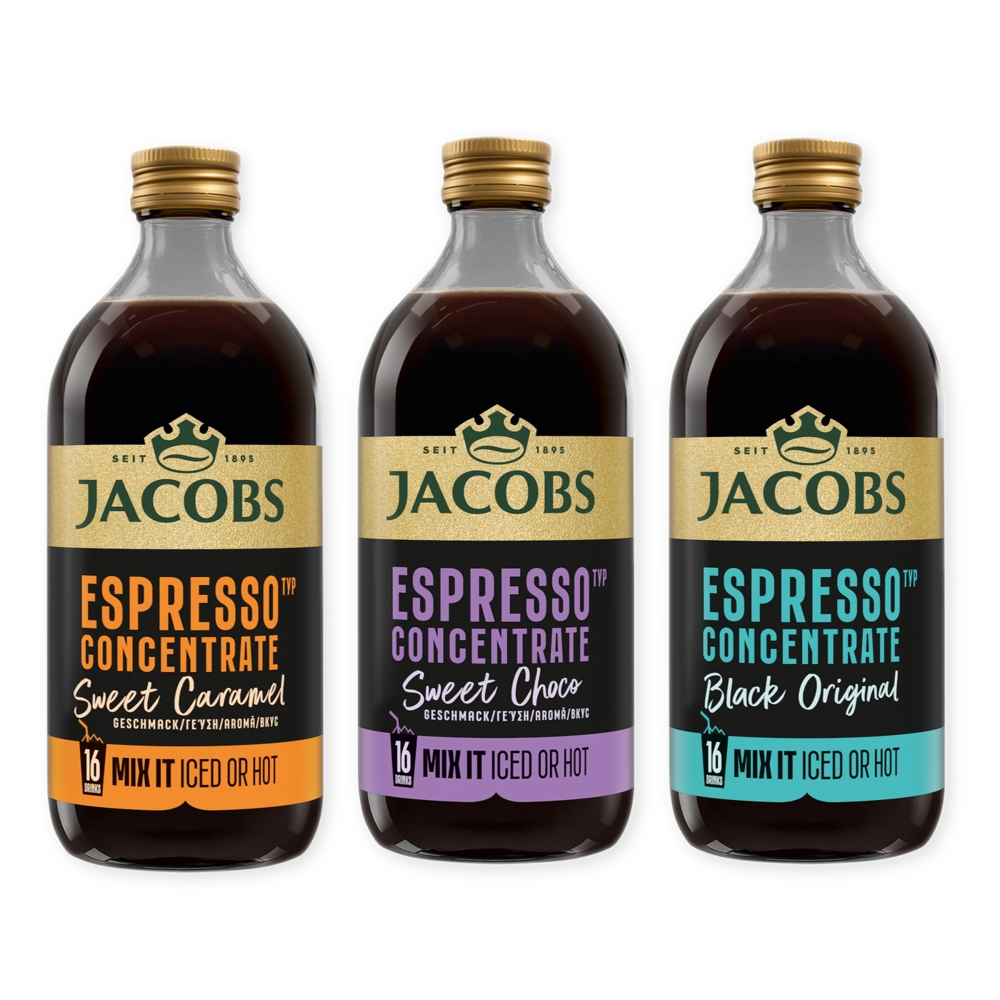Drei Flaschen Jacobs Espressokonzentrat in verschiedenen Geschmacksrichtungen.