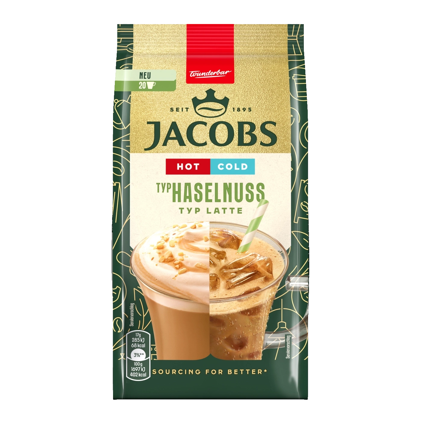 Jacobs Kaffeebeutel, Typ Haselnuss Latte, heiß und kalt, mit Serviervorschlag, neu