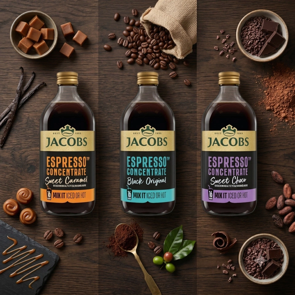 Jacobs Espresso Konzentrat in verschiedenen Geschmacksrichtungen auf einem Holztisch mit Zutaten.