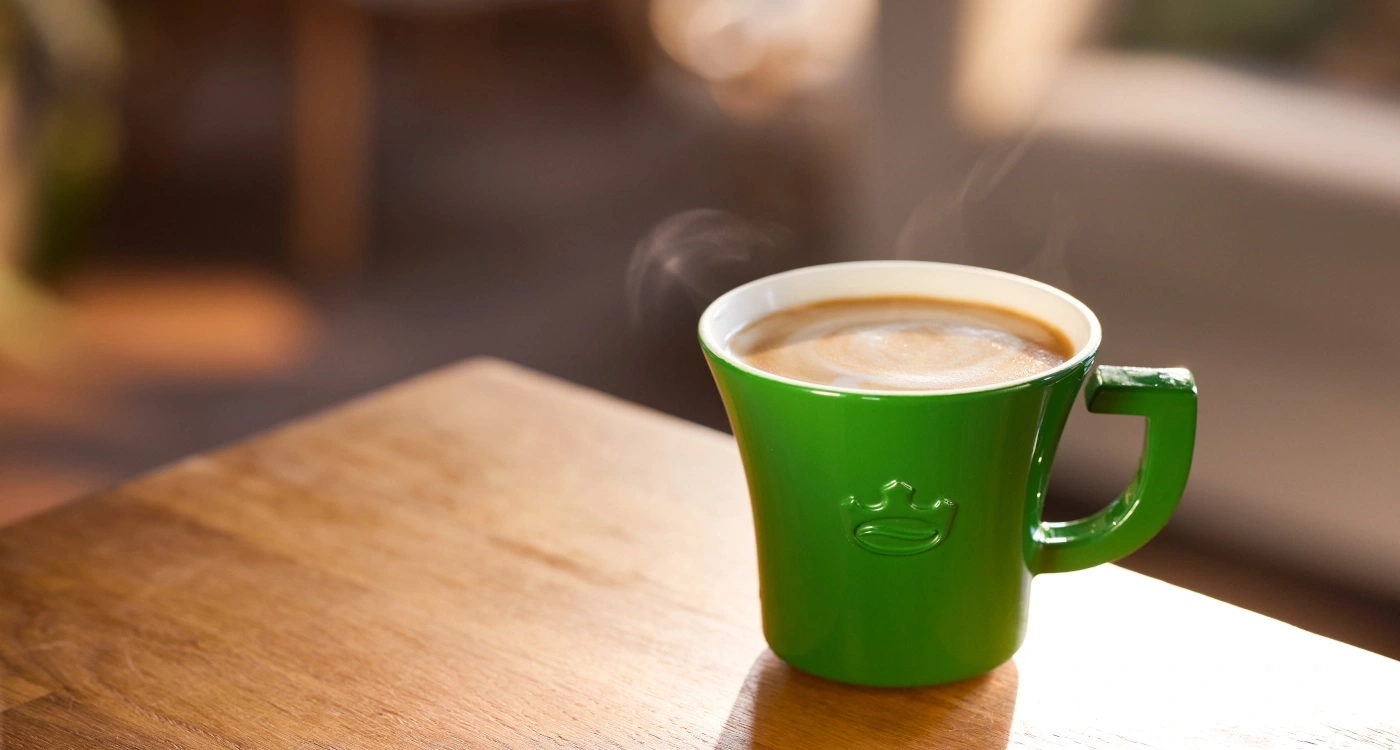 Eine grüne Tasse dampfenden Kaffees mit einem Starbucks-Logo auf einem Holztisch.