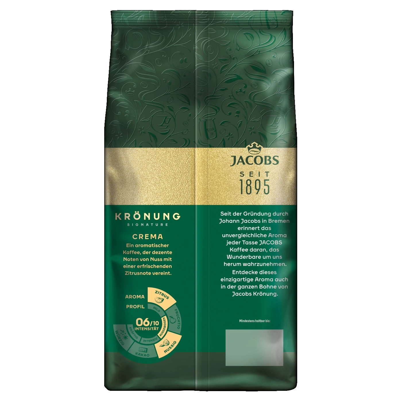 Jacobs Krönung Kaffee Packung mit Aroma Profil und Beschreibung.