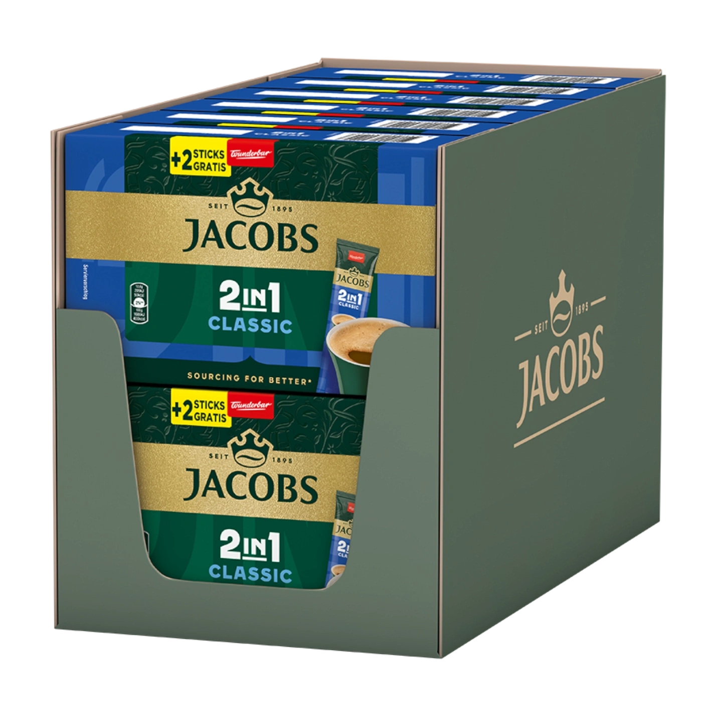 Jacobs 2in1 Classic Kaffee-Sticks in einer Display-Box mit Gratis-Zugabe.