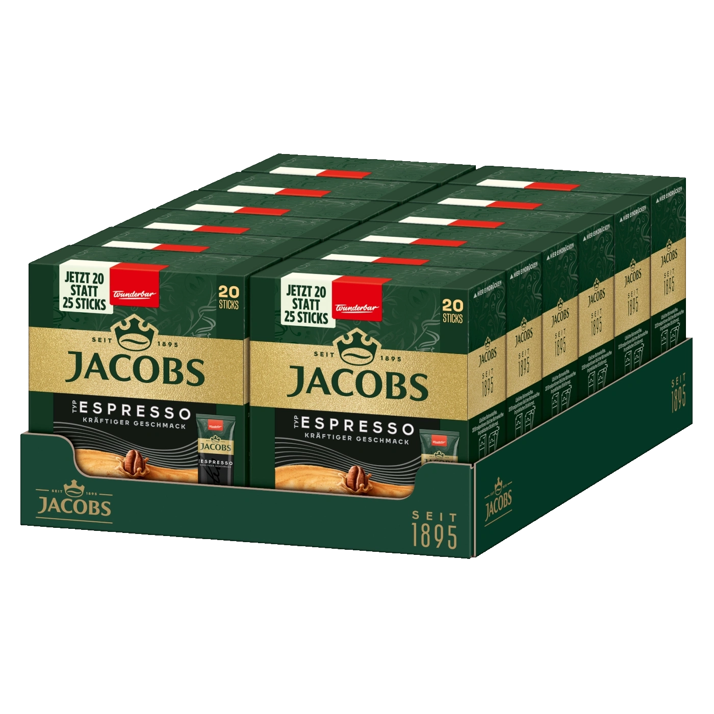 Jacobs Espresso Kräftiger Geschmack Kaffee Sticks in einer dunkelgrünen Verpackung.
