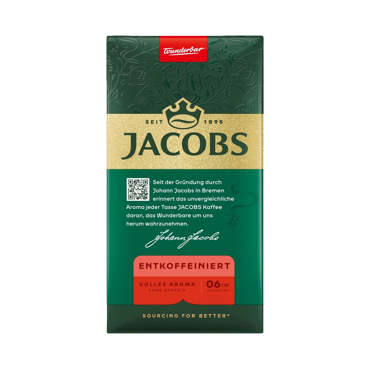 Kaffeepackung Jacobs, entkoffeiniert, mit Text und Logo, Wunderbar, 06/10 Intensität