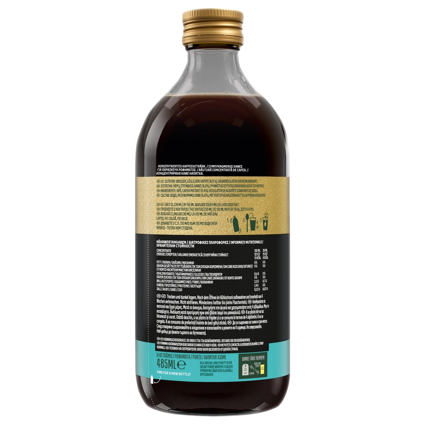 Flasche mit Kaffeegetränk Konzentrat, "Time for a new bottle?"