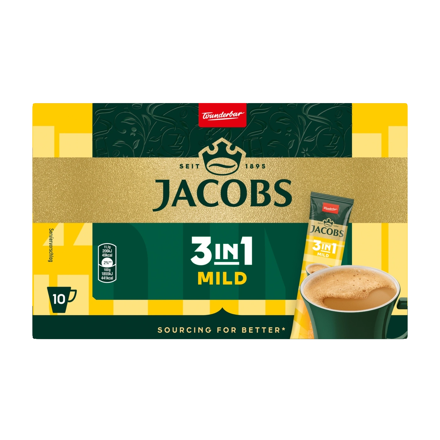 Jacobs 3in1 Mild Kaffee Packung mit Serviervorschlag und Nährwertangaben