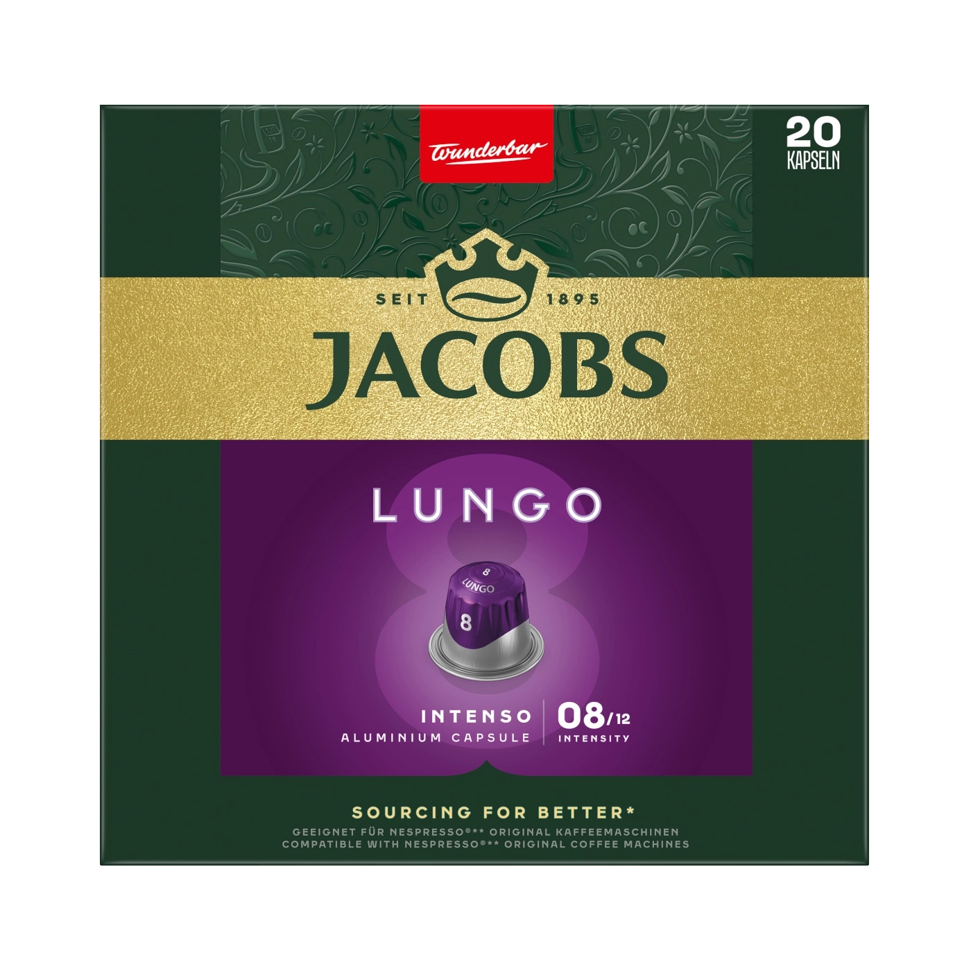 Jacobs Lungo Kaffeekapseln, 20 Stück, Intensität 8/12, Aluminiumkapsel
