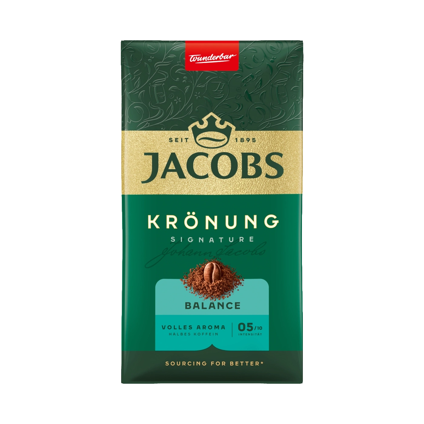 Kaffeepackung Jacobs Krönung Balance, volles Aroma, halbes Koffein, Intensität 05/10