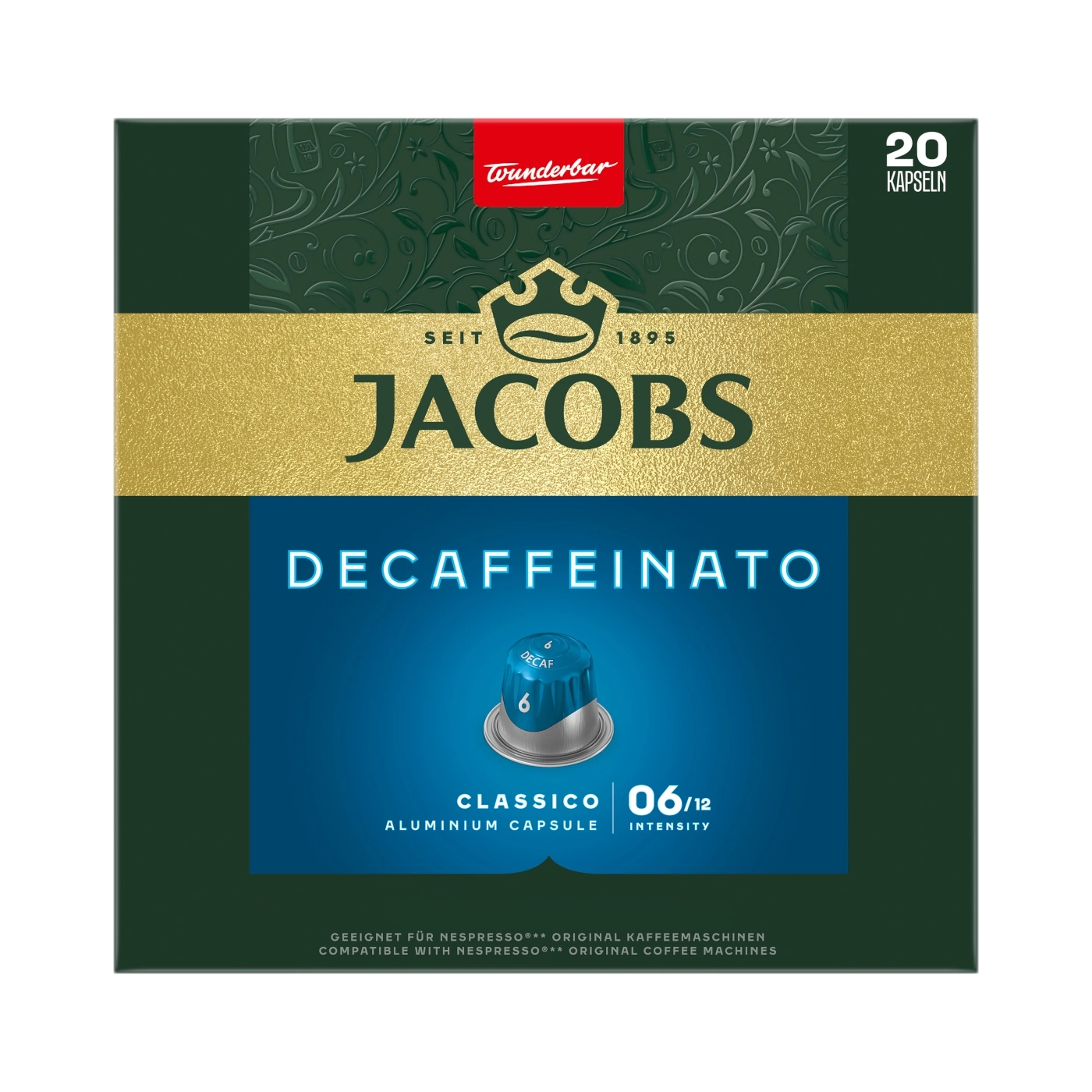 Jacobs Decaf aluminium capsules for Nespresso machines, 20 capsules.