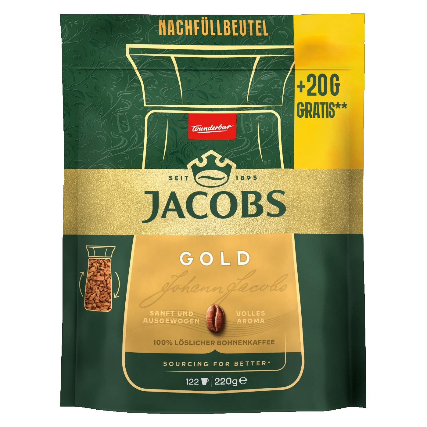 Kaffeepackung Jacobs Gold, Nachfüllbeutel, +20G Gratis, 220g, 100% löslicher Bohnenkaffee