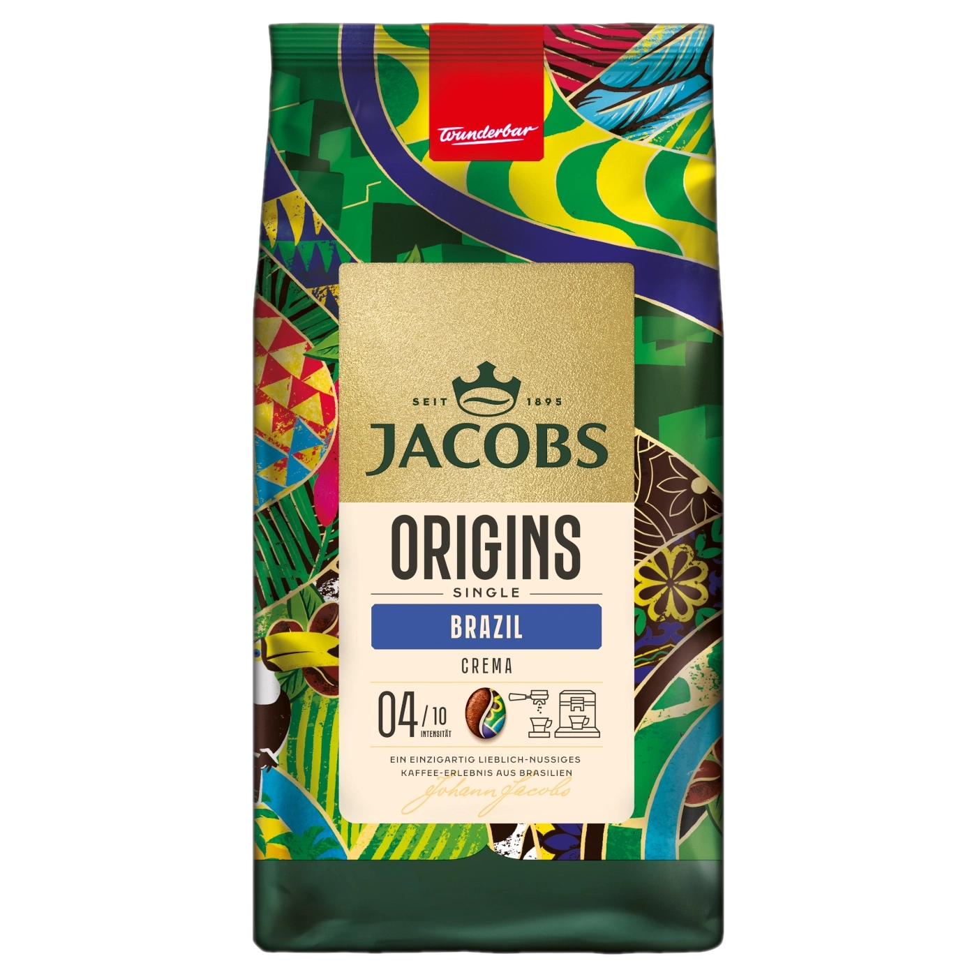 Verpackung von Jacobs Origins Single Brazil Crema Kaffee, mit brasilianischem Muster.