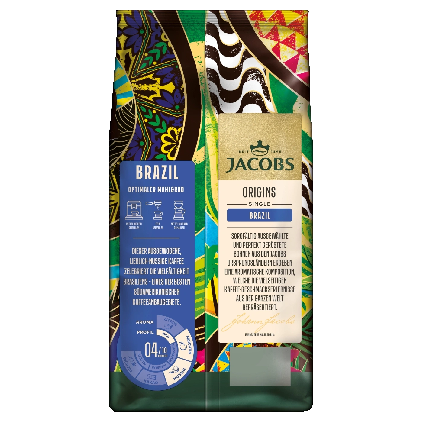 Kaffeepackung Jacobs Brazil, optimaler Mahlgrad, Aroma, Profil, 04/10, Origins, Single