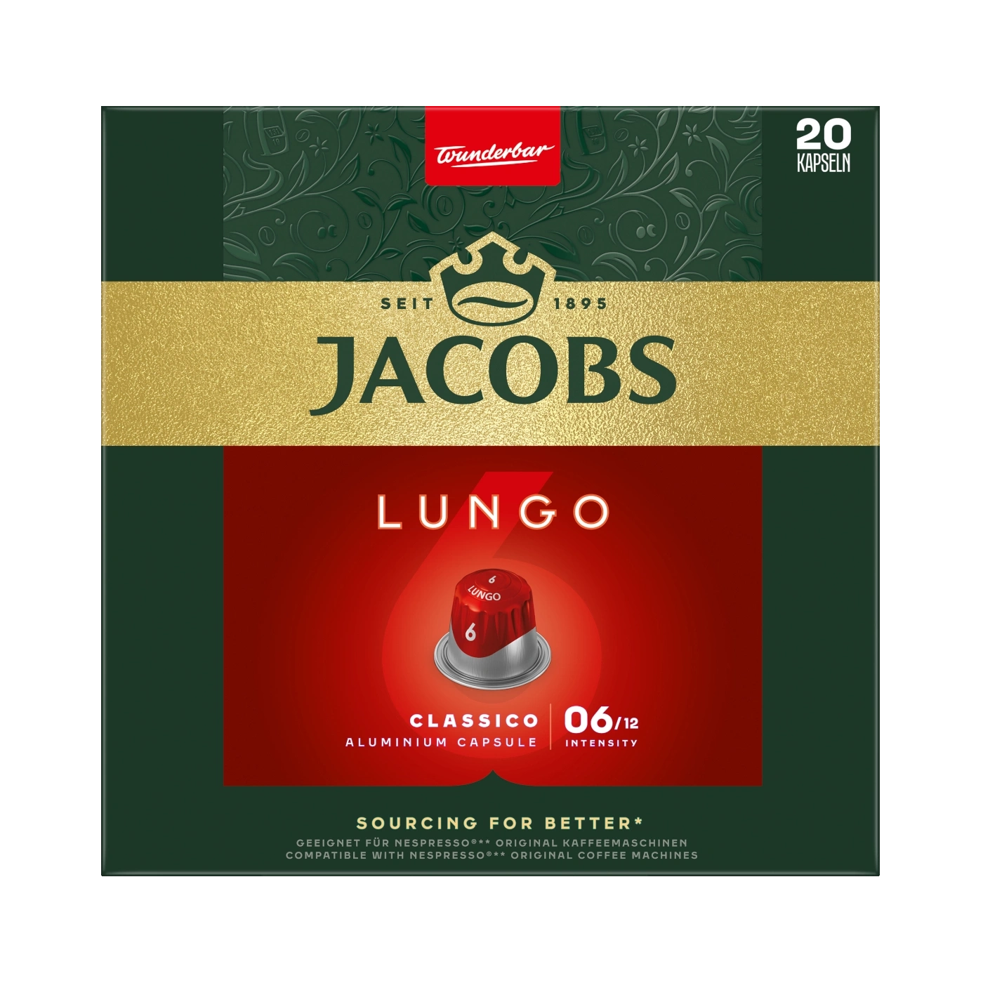 Jacobs Lungo Classico Kaffeekapseln, 20 Kapseln, Intensität 6/12