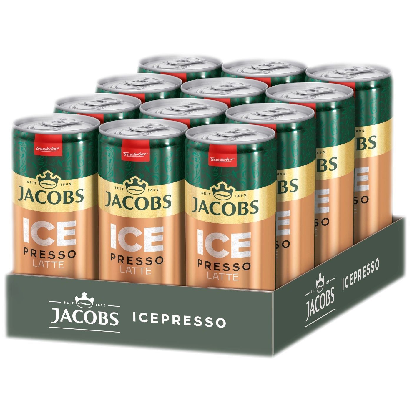 Zwölf Dosen Jacobs Icepresso auf einer weißen Oberfläche.