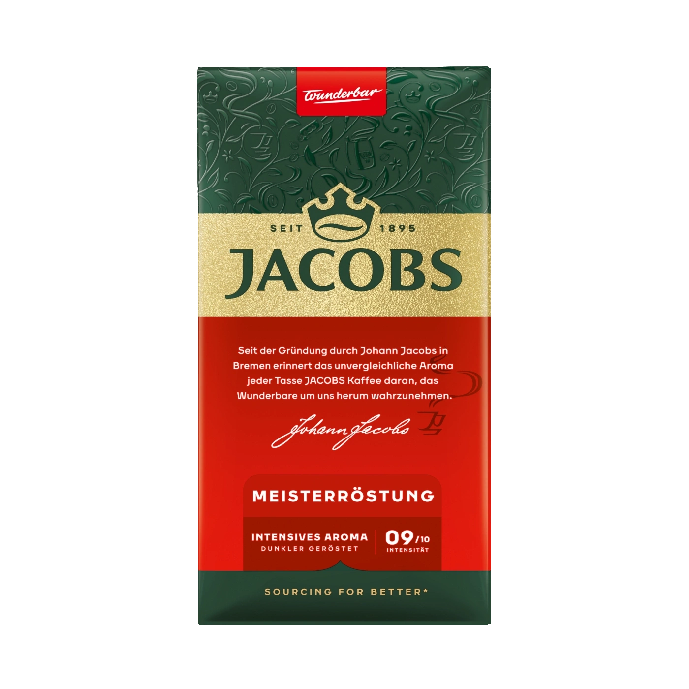 Kaffeepackung von Jacobs mit Text über Aroma und Intensität, dunkel geröstet.