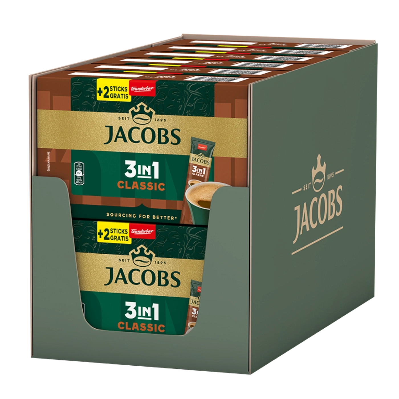 Jacobs 3in1 Classic Kaffee-Box mit Gratis-Sticks und Serviervorschlag