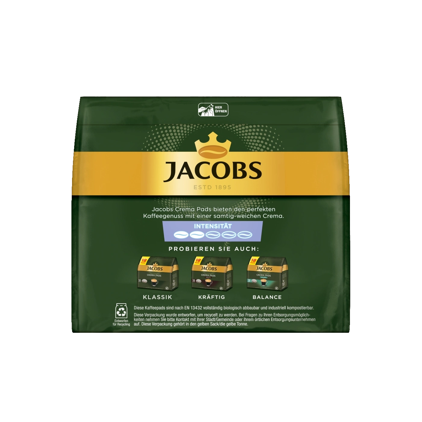 Jacobs Kaffee Packung mit drei Geschmacksrichtungen: Klassik, Kräftig, Balance, mit Text und Logo.