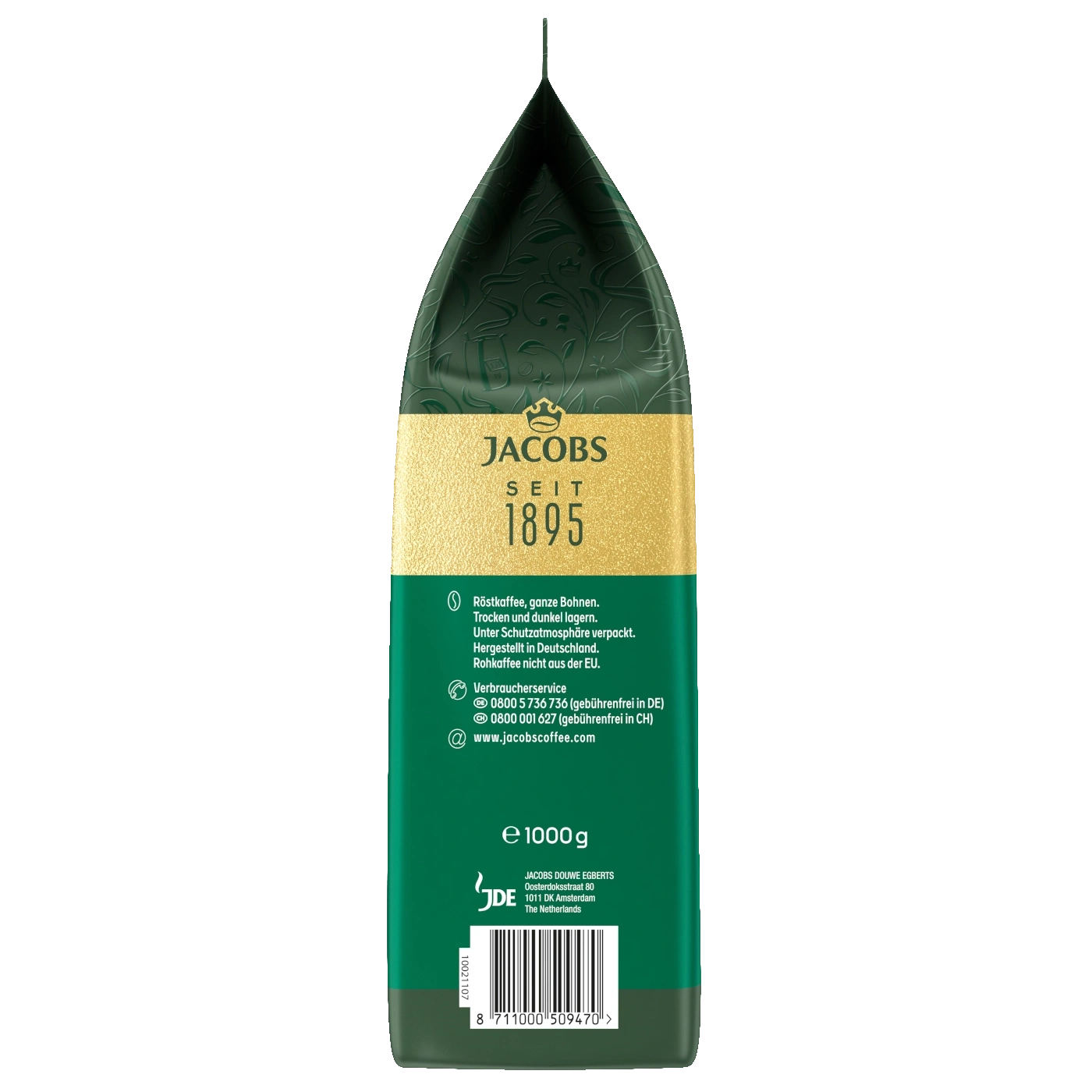 Kaffeepackung von Jacobs, 1000g, ganze Bohnen, geröstet, dunkel lagern, hergestellt in Deutschland.