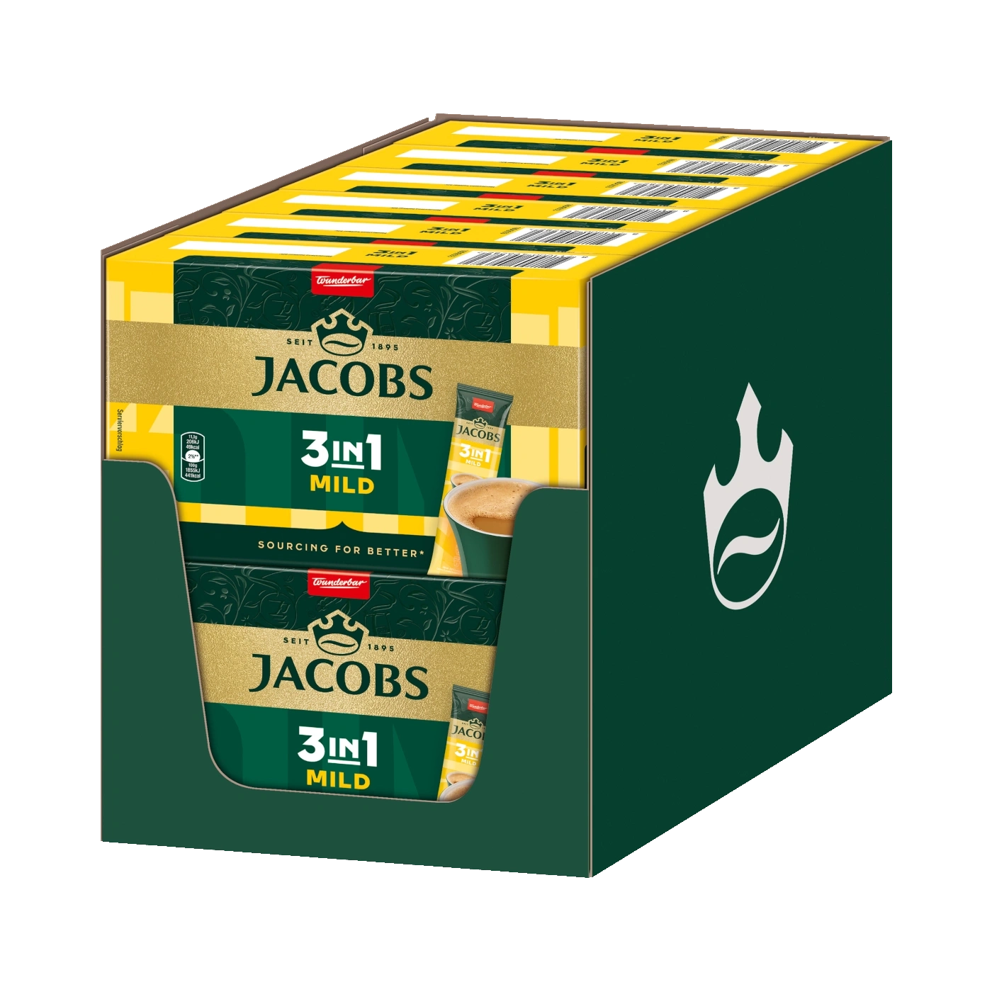 Jacobs 3in1 Mild Kaffee Packung, grün und gelb, mit Logo und Text.