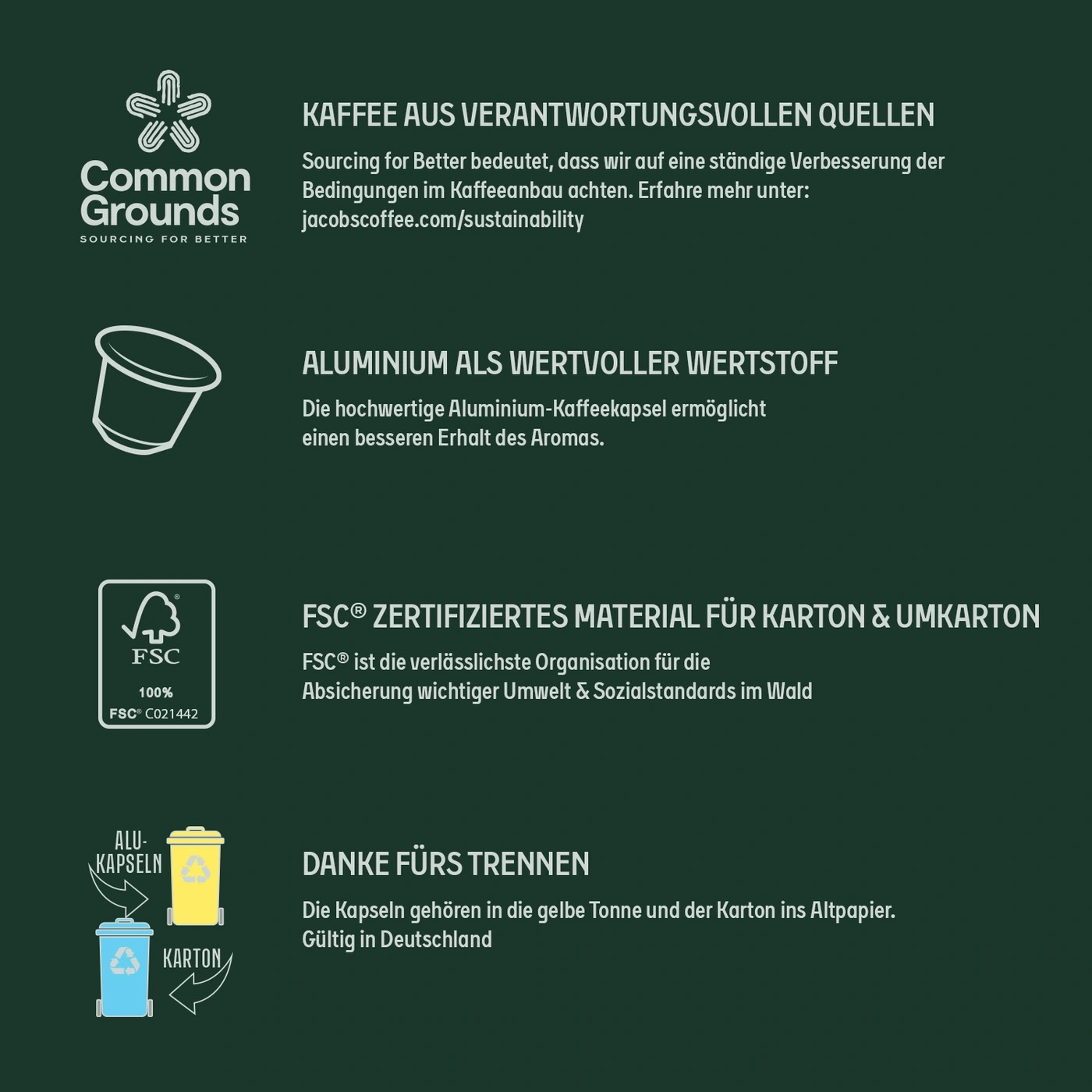 Kaffee, Aluminium, FSC-Zertifizierung, Mülltrennung. Nachhaltigkeit und Recycling.