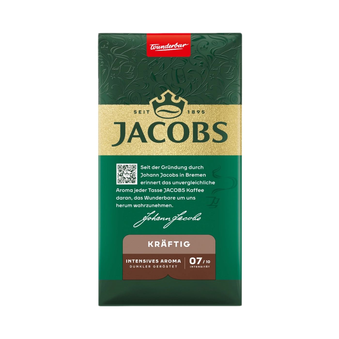 Jacobs Kräftig Kaffee Packung mit "Wunderbar" Logo und "Johann Jacobs" Unterschrift.