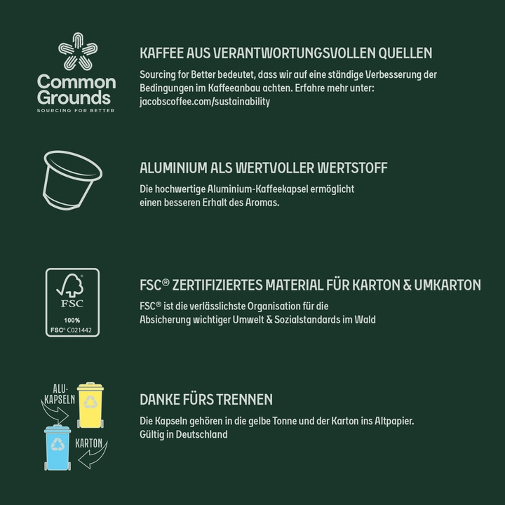Kaffee, Aluminium, FSC-Zertifizierung, Mülltrennung. Nachhaltigkeit und Recycling.