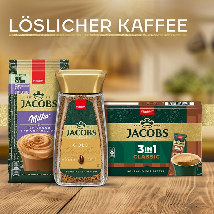 Jacobs Kaffee Produkte: Cappuccino, Gold, Classic 3 in 1. Löslicher Kaffee.
