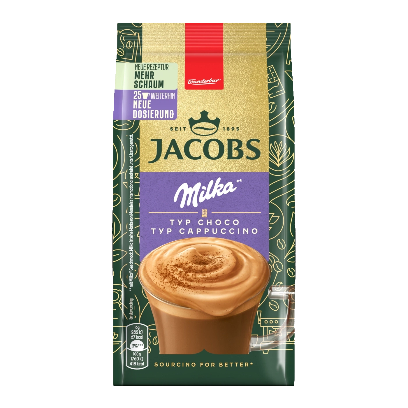 Jacobs Milka Typ Choco Cappuccino, Packung mit neuer Rezeptur und Dosierung.