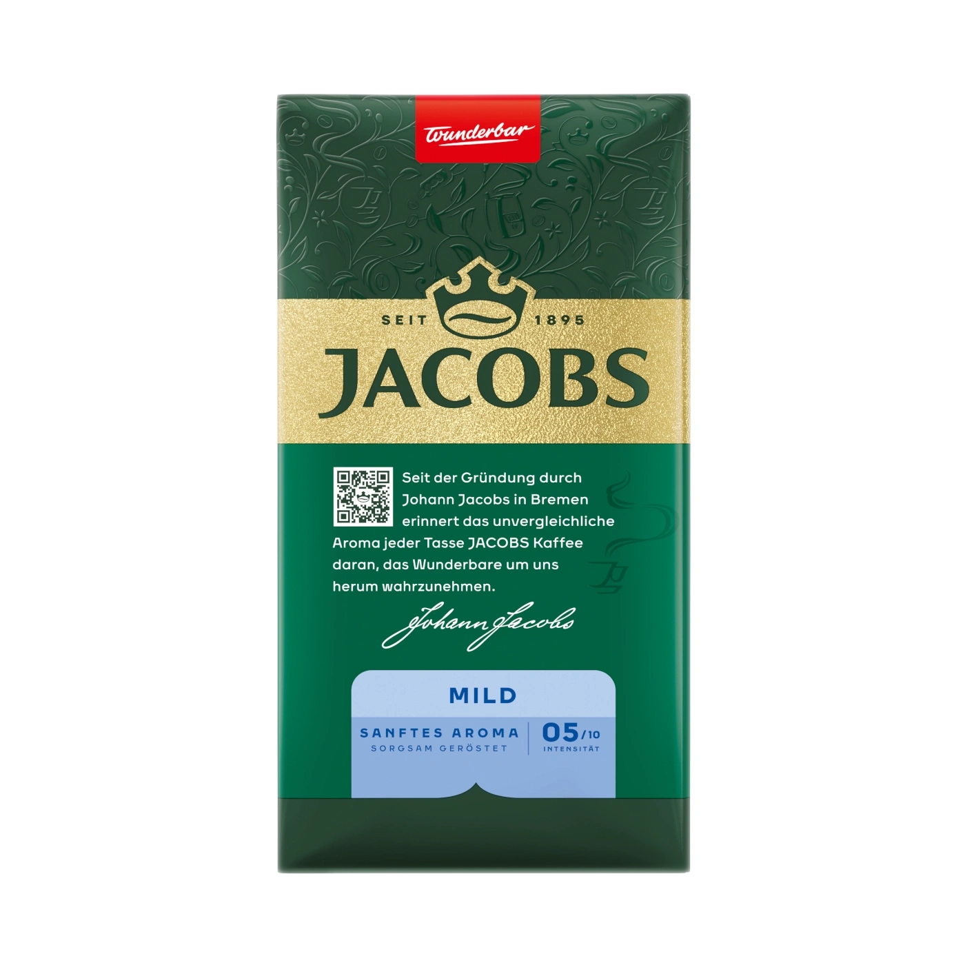 Jacobs Kaffee Verpackung mit "Wunderbar" Logo und "Mild" Kennzeichnung.
