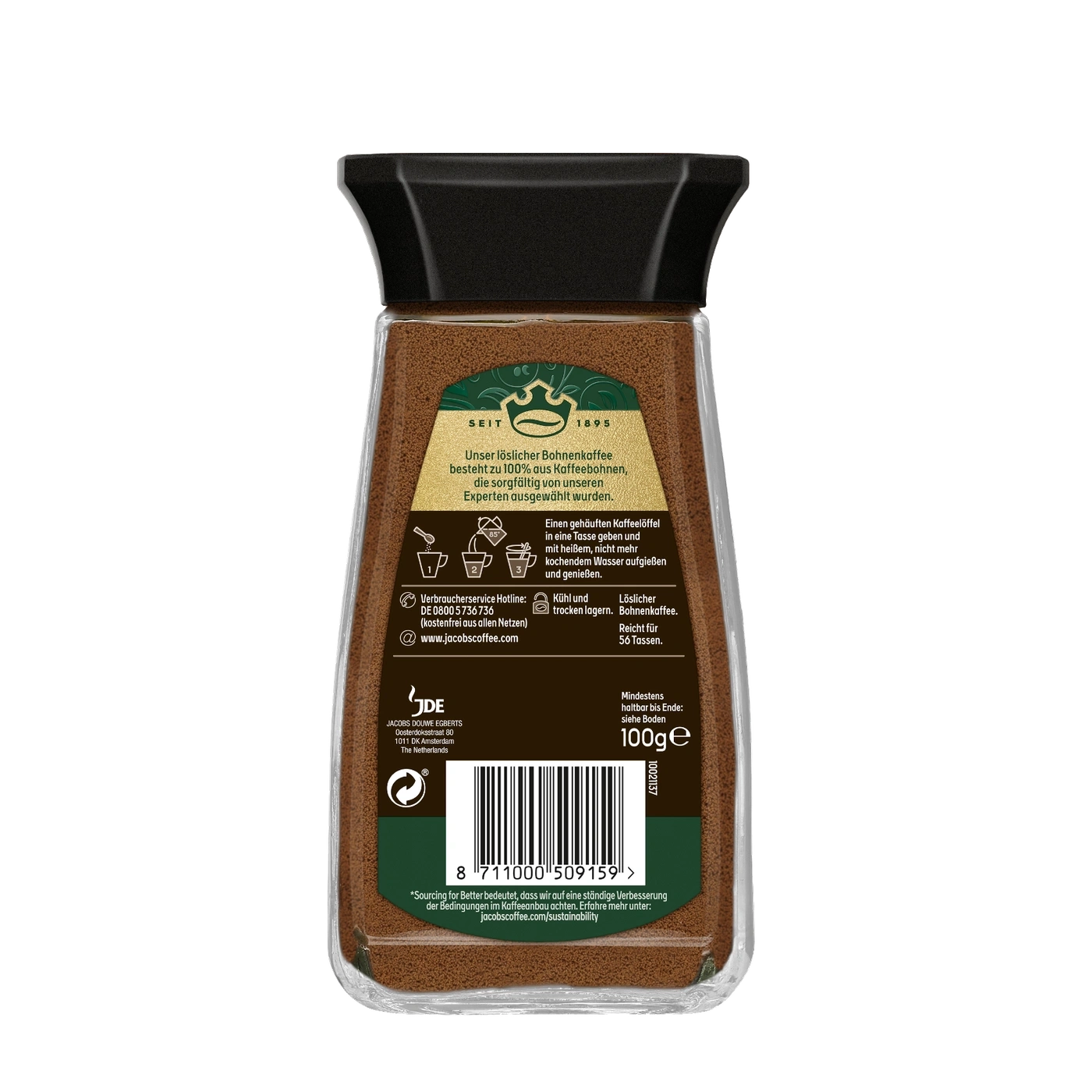 Kaffeeprodukt mit Text, der Informationen über das Produkt und seine Herstellung enthält.