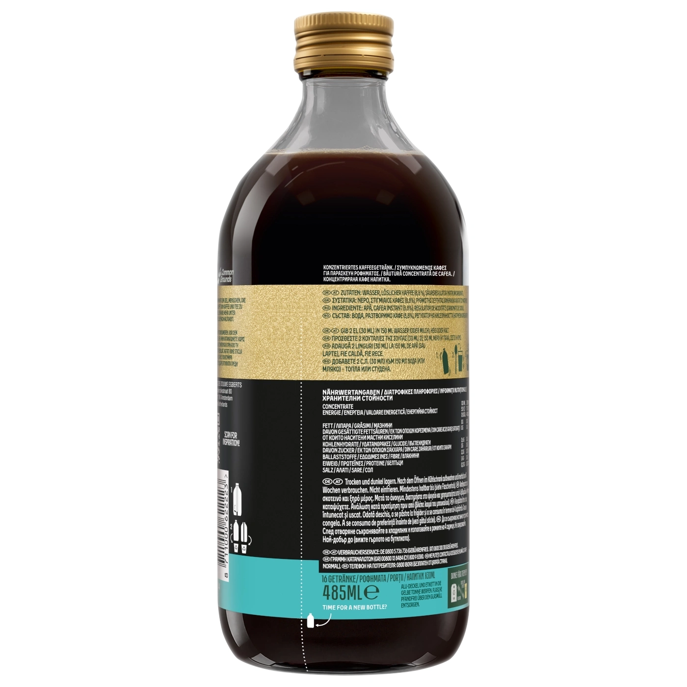 Eine Flasche dunkelbraunes Kaffeegetränk mit einem goldenen Deckel und einem Etikett, das Nährwertangaben in mehreren Sprachen enthält.